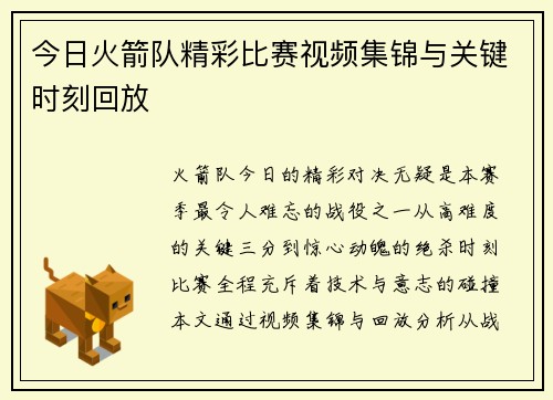今日火箭队精彩比赛视频集锦与关键时刻回放